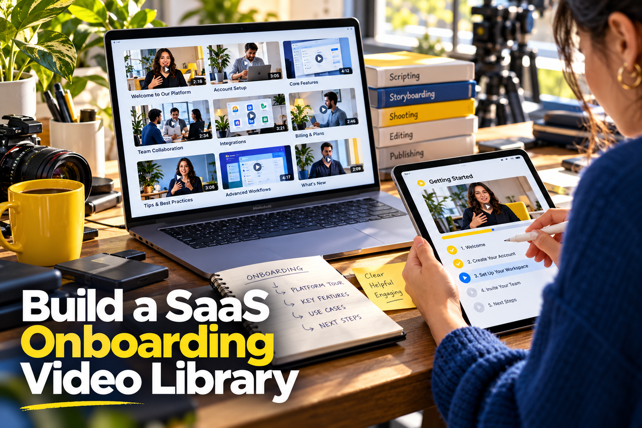 Organized SaaS onboarding video system with product screens and learning paths.