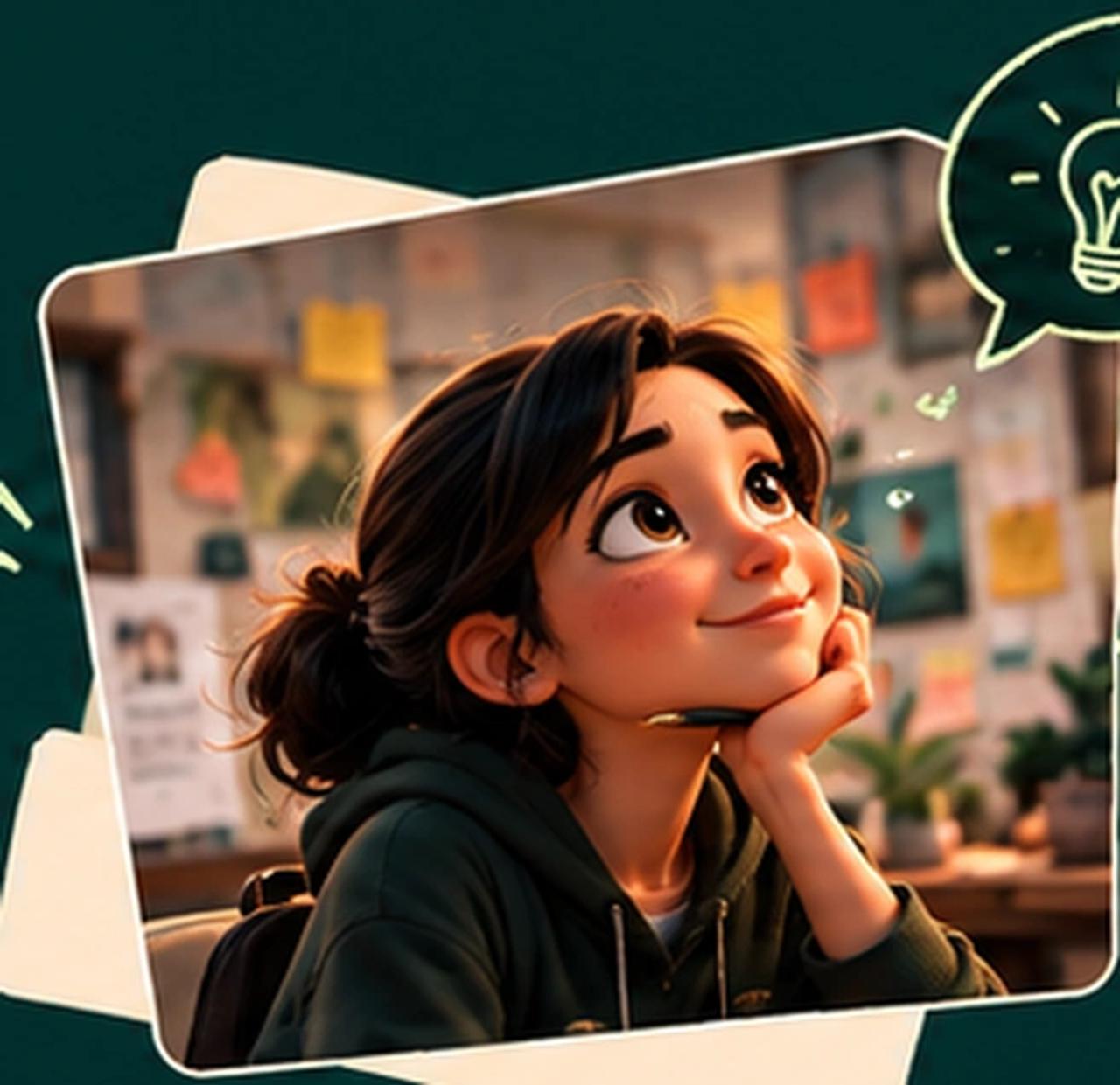 An animated character considering an idea in a creative studio