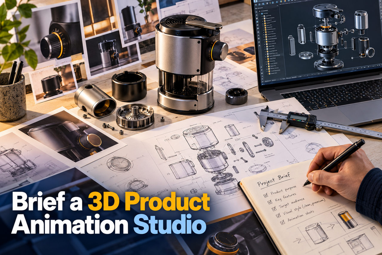 3D animation brief package with product references, models, materials and shot planning.