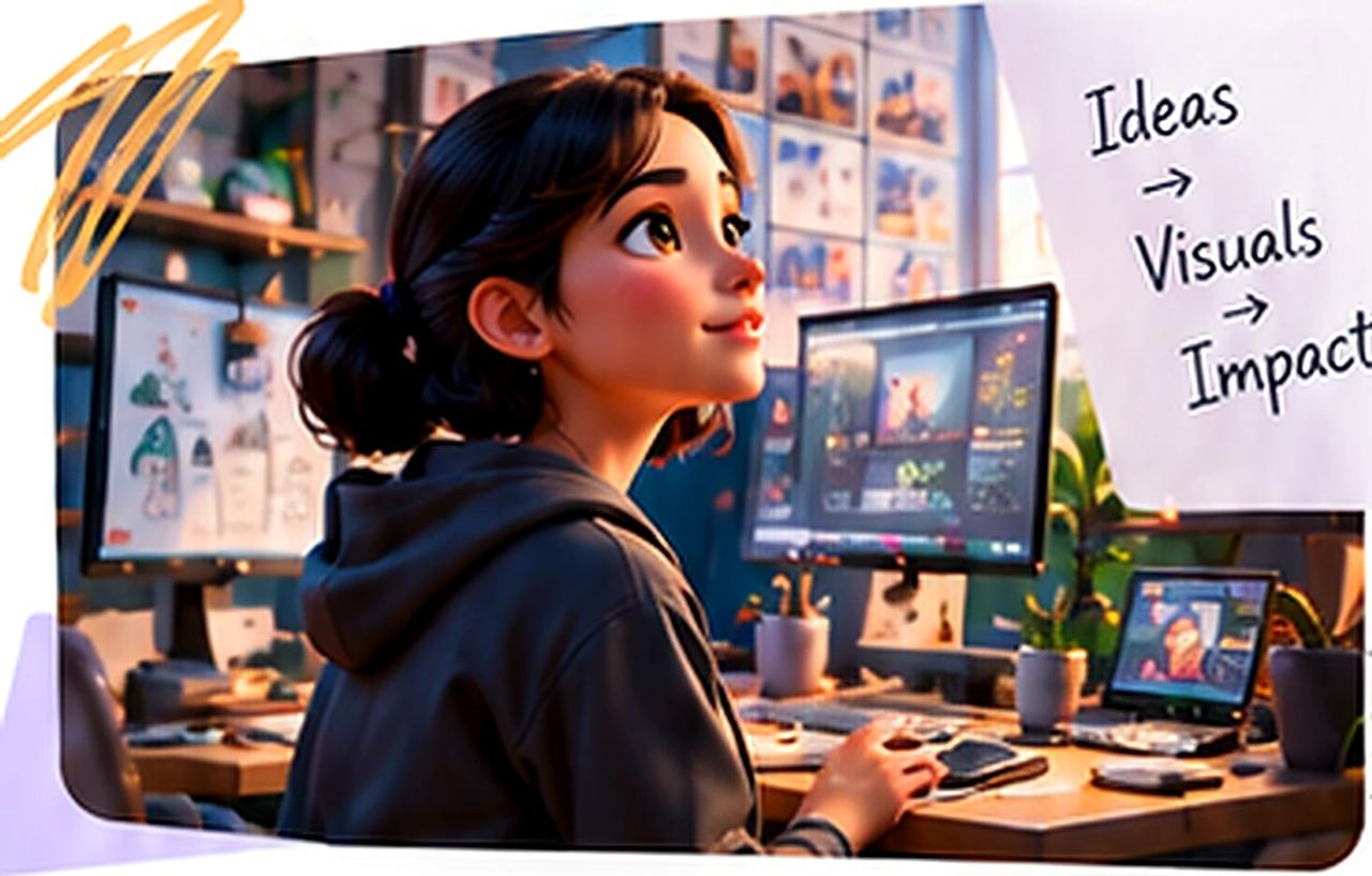 Illustrated motion designer at her workstation with an ideas-to-impact sketch