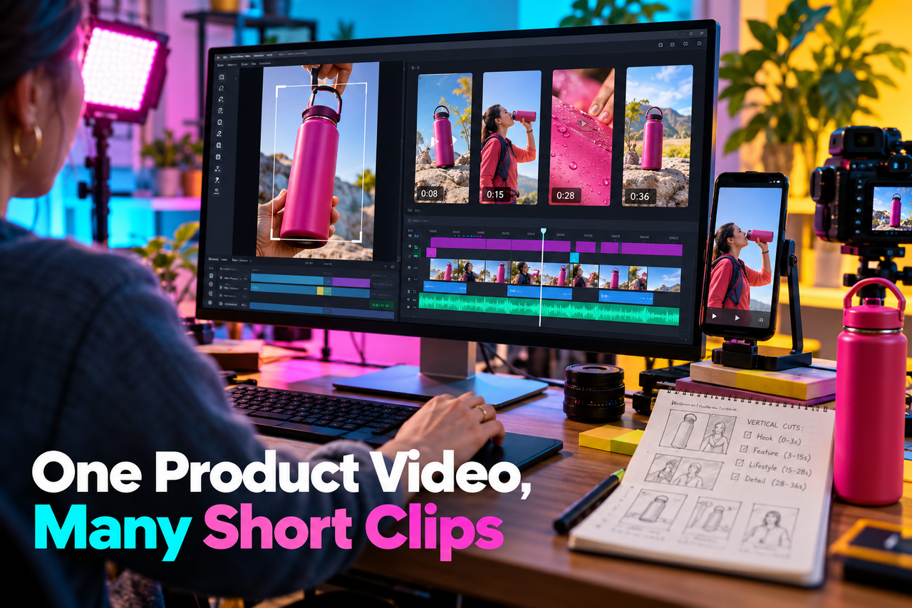One master product video adapted into multiple short-form social formats.