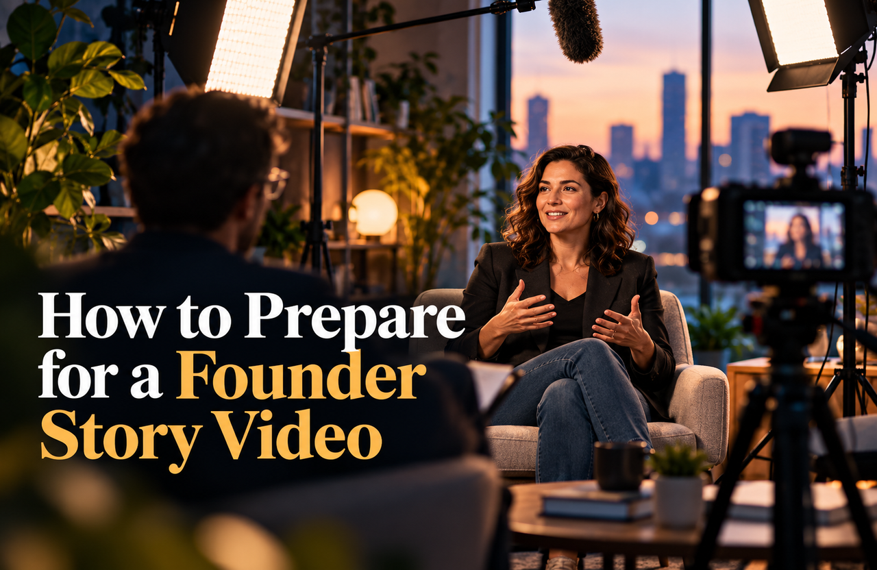 Founder interview production setup with camera, lighting and sound equipment