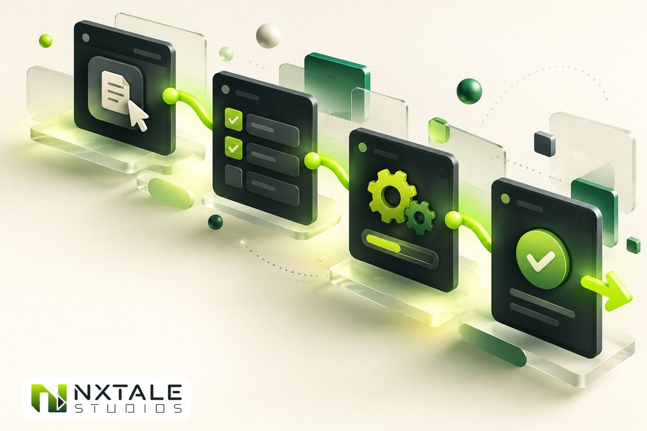 Stylized SaaS workflow screens linked by green motion paths, illustrating 2D animation for complex products.