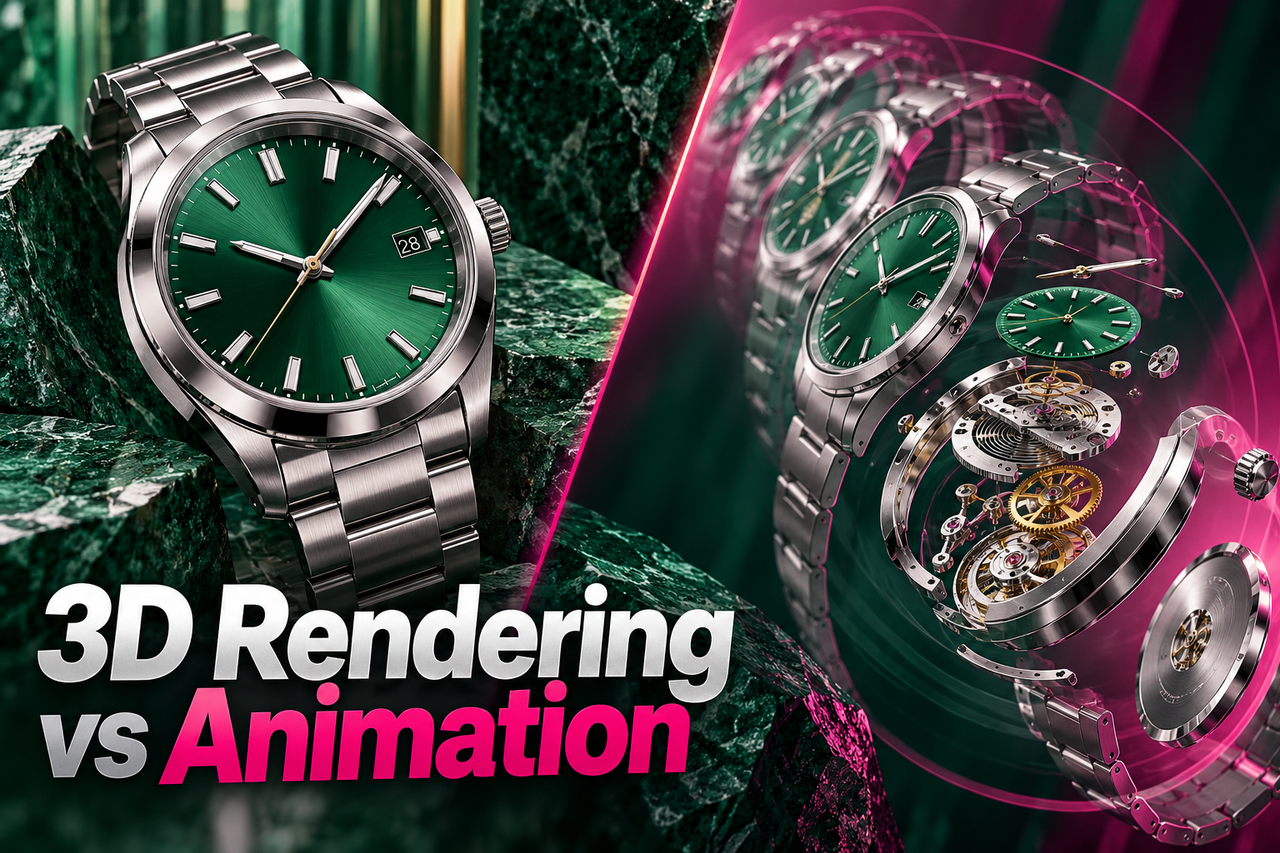 Static 3D product render compared with animated product storytelling.