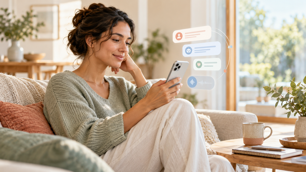 Conceptual image of a person using a conversational digital health experience at home.