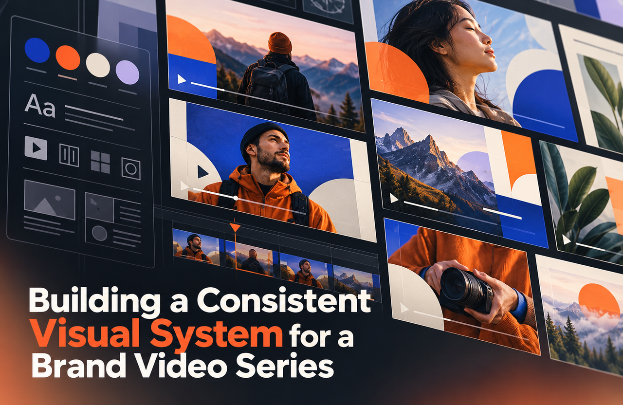 Branded video frames, style-guide elements, and layout modules illustrating a consistent visual system.