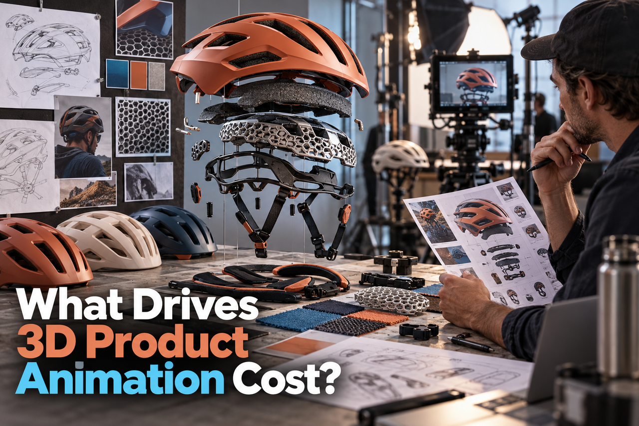 3D product animation production scene with modeling, lighting and rendering cost drivers.
