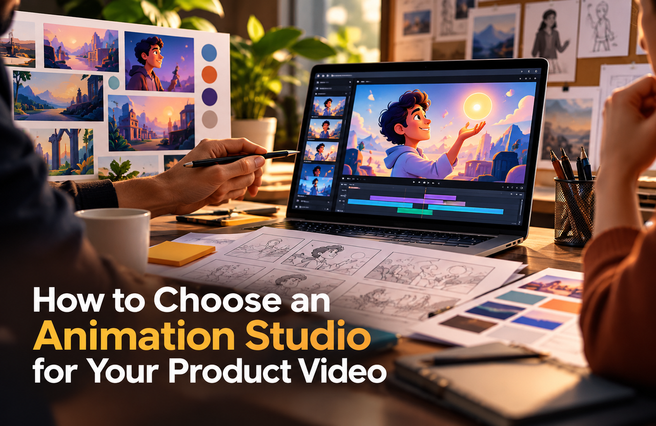 Creative review workspace with animation work, storyboard frames, color studies, and production notes.