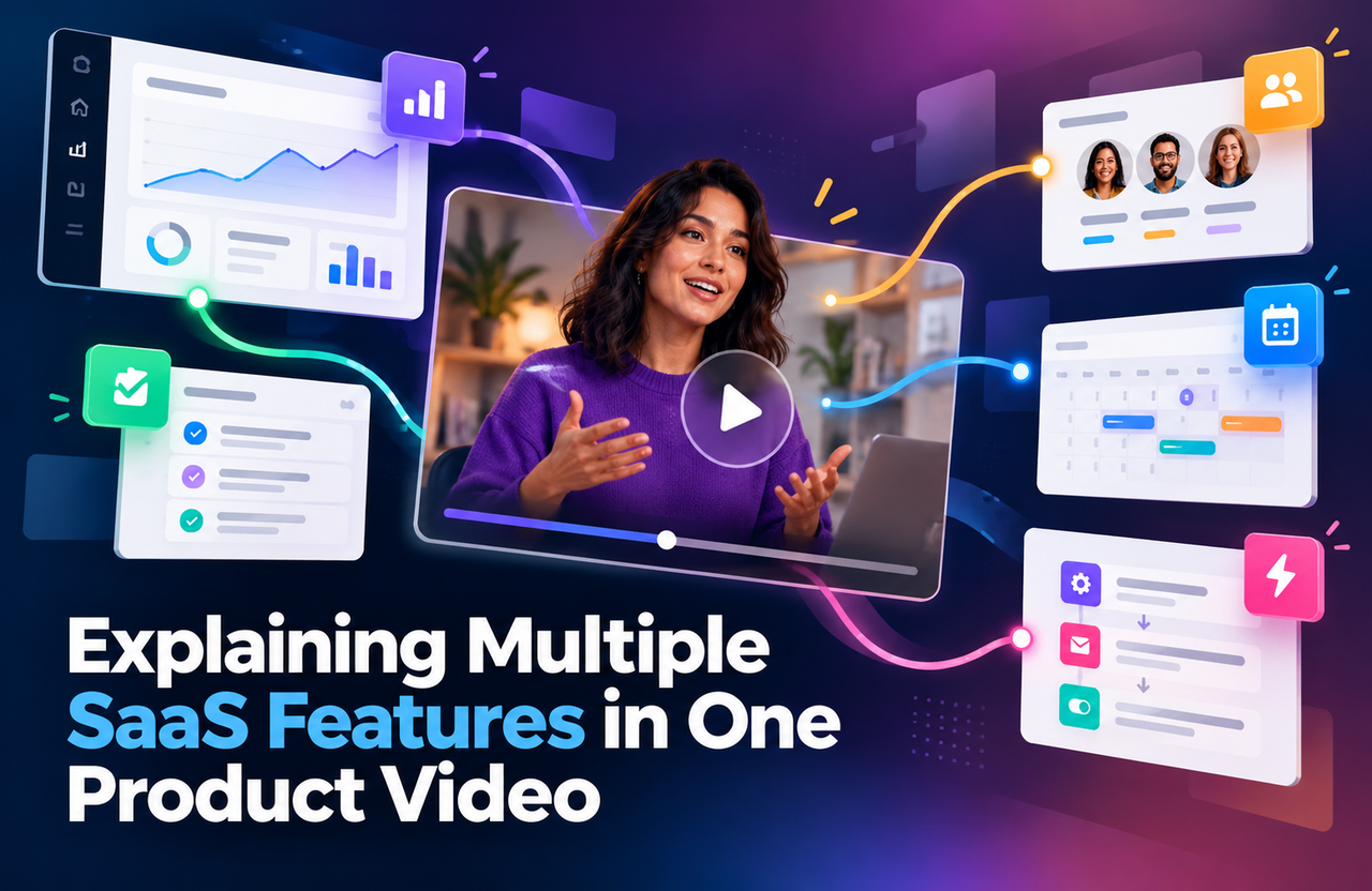 Connected SaaS feature panels and a presenter frame unified into one product-video story.