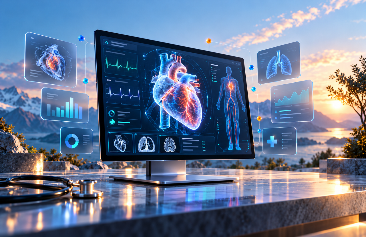 Premium 3D healthcare animation illustrating a human heart and diagnostic interface