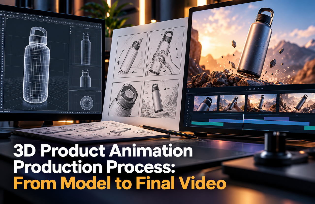 Product animation workflow showing modeling, storyboard development, editing timeline, and final rendered product video.