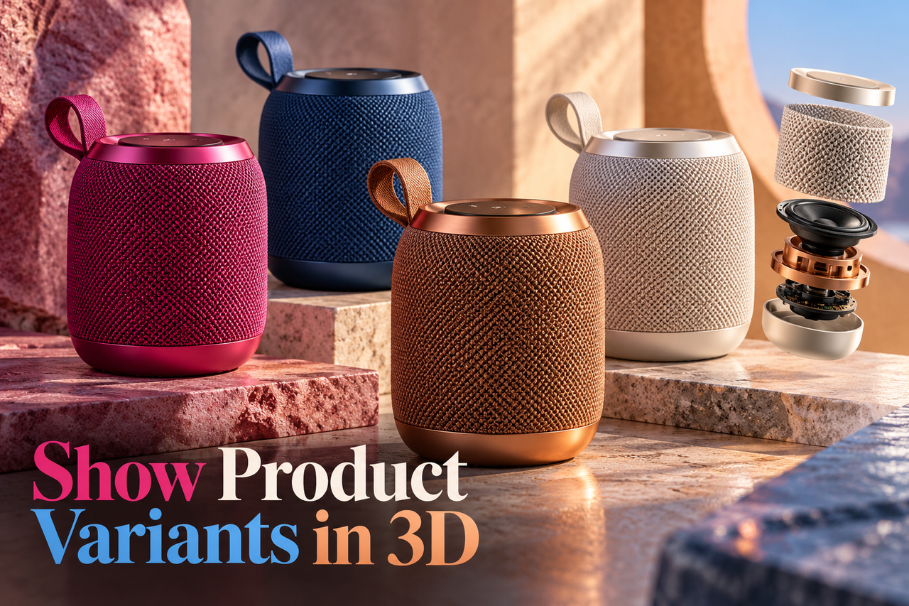 Multiple product colors, materials and configurations visualized consistently in 3D.