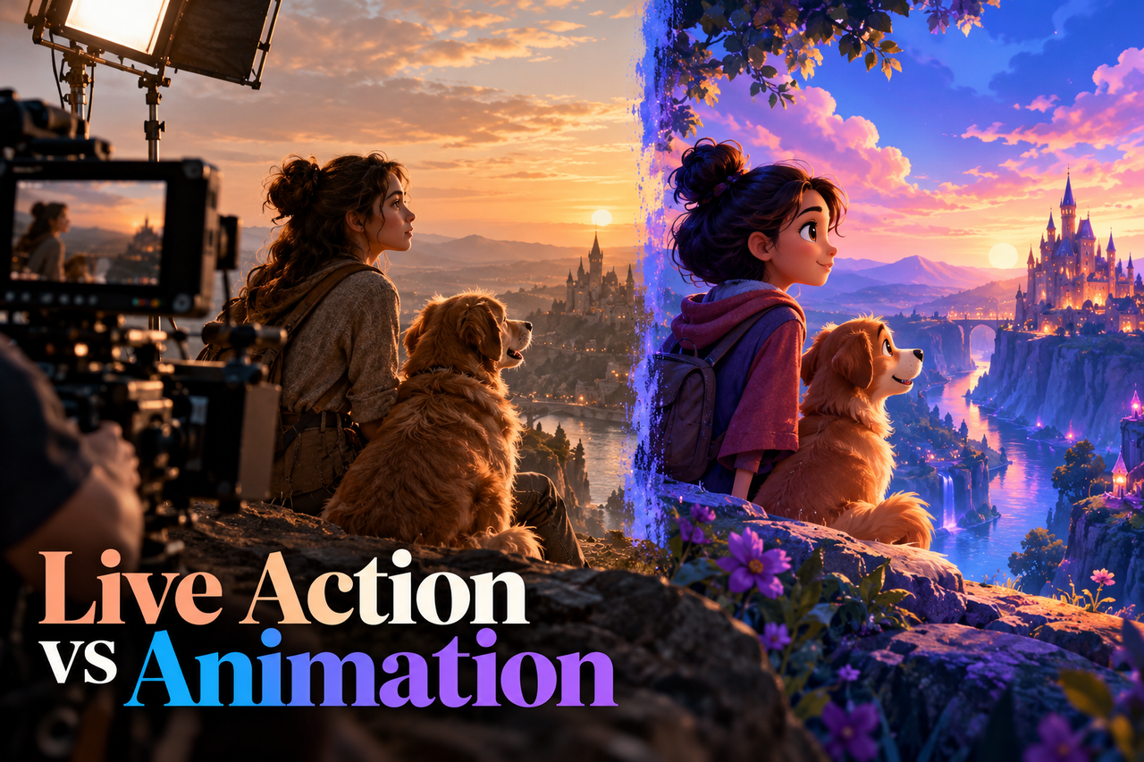 Live-action production compared with animated storytelling for a brand or product.