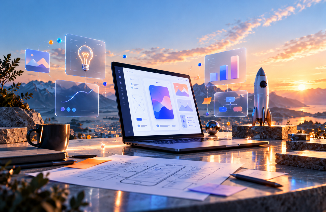 Digital product launch visualization with startup dashboard and product interface