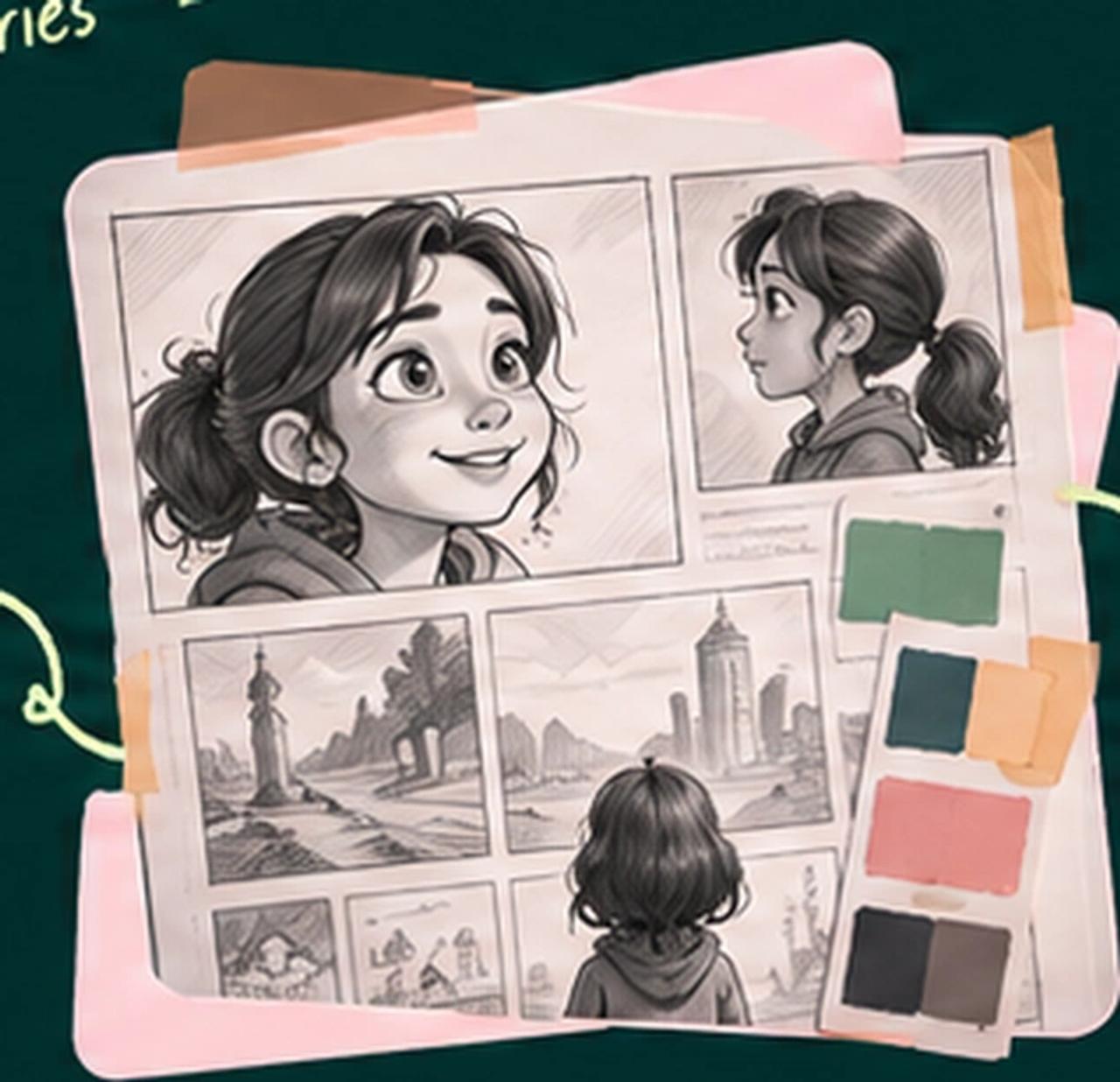 Character storyboard sheets and color palette studies