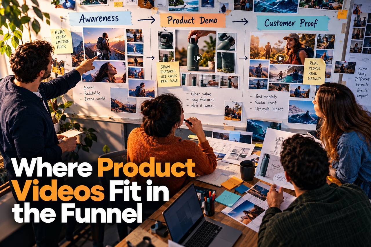 Product video assets mapped across awareness, consideration and conversion stages.
