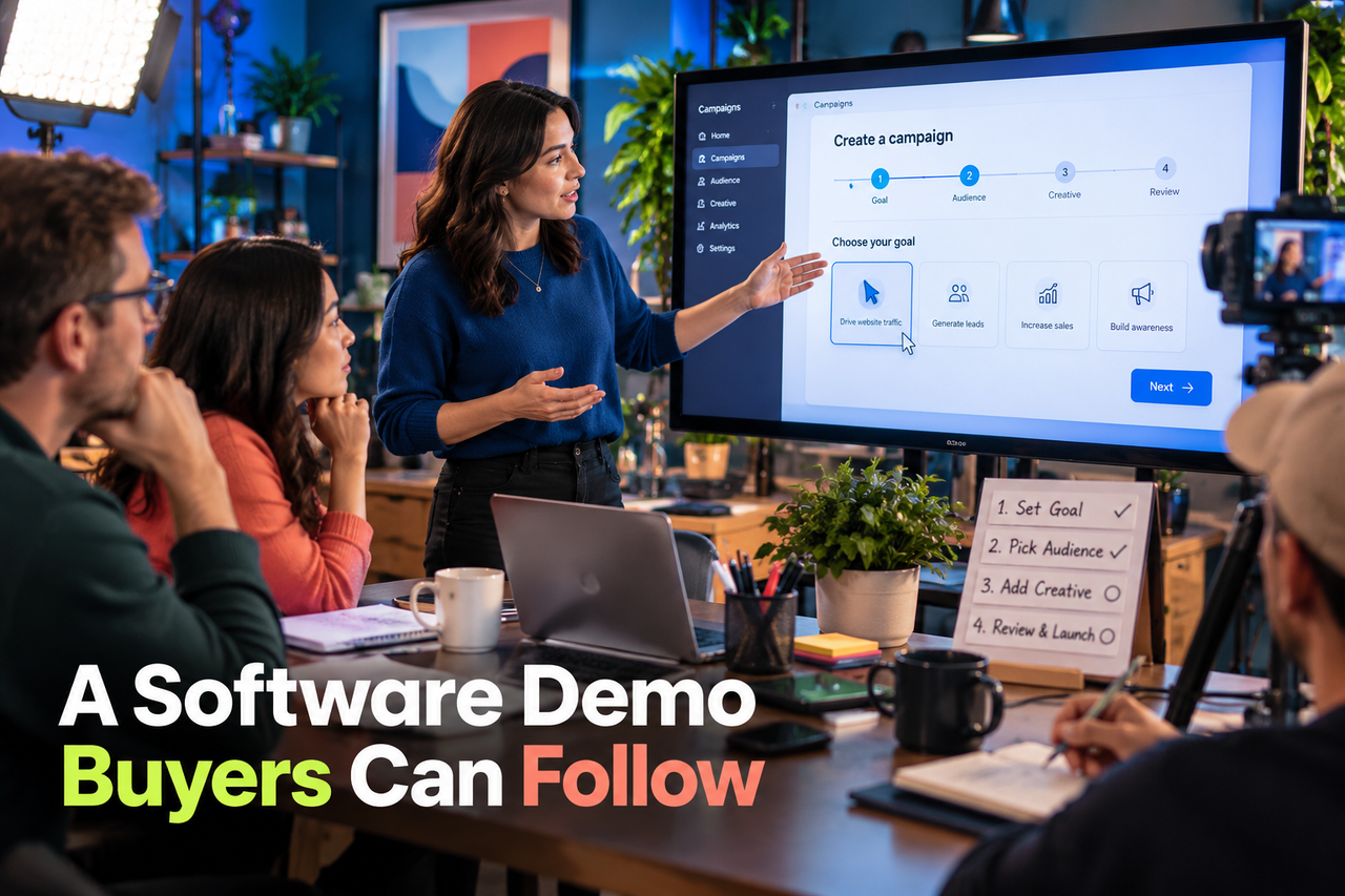 Clear software demo flow shown through polished interface screens and editing workflow.