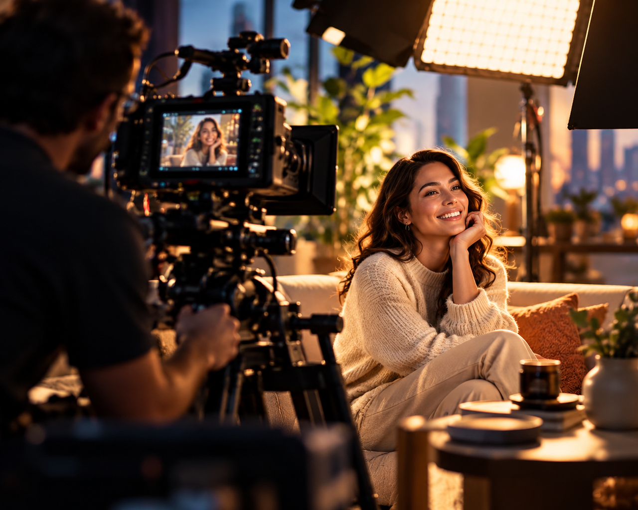Behind-the-scenes filming of a lifestyle commercial with cinematic camera and lighting
