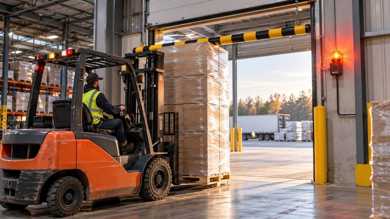 Illustrative warehouse scene of a forklift load contacting an overhead height bar as a warning beacon activates.