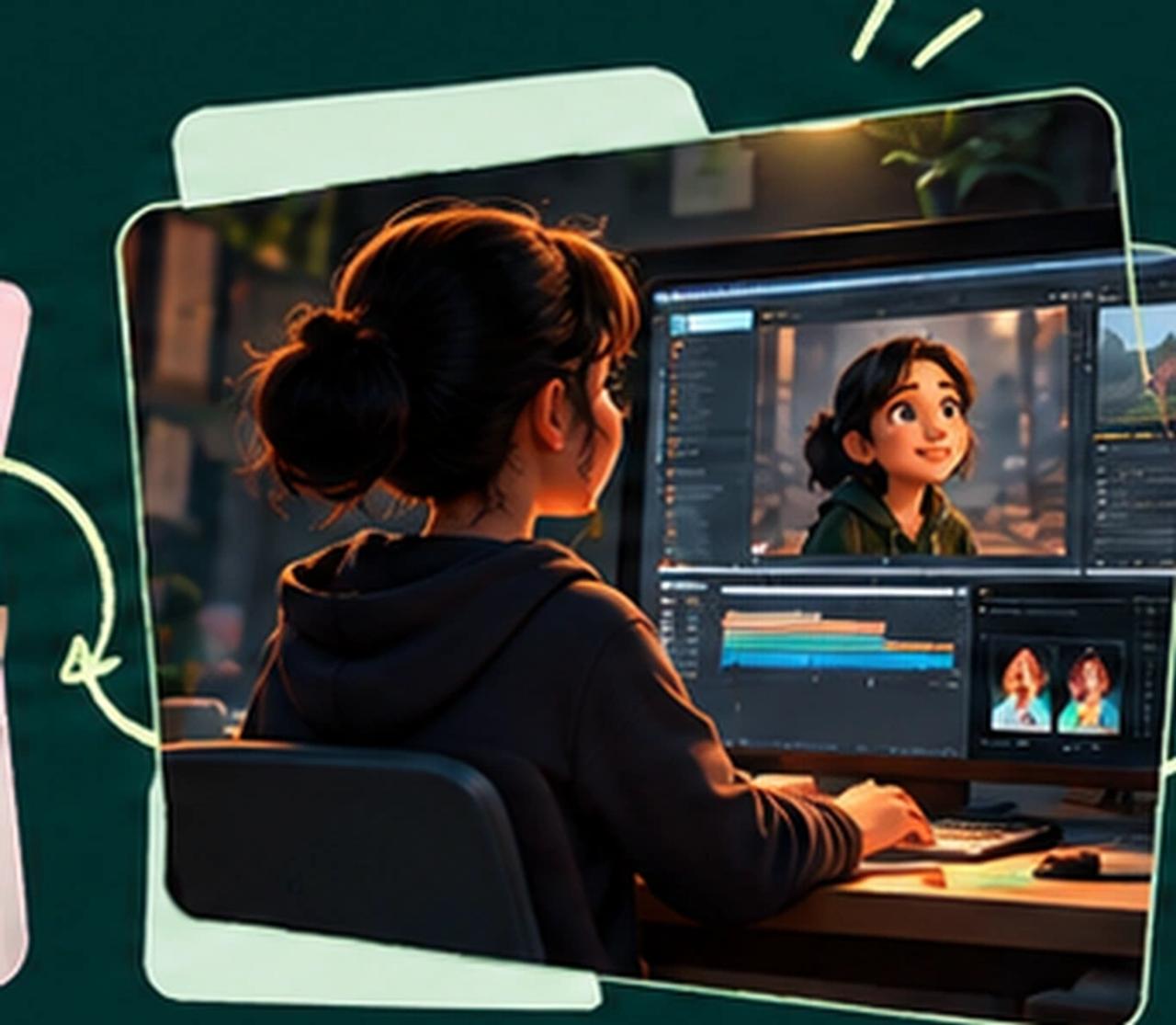 Artist animating a character on a computer editing timeline