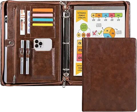 Professional 3-Ring Portfolio Organizer A4 Padfolio with Zipper