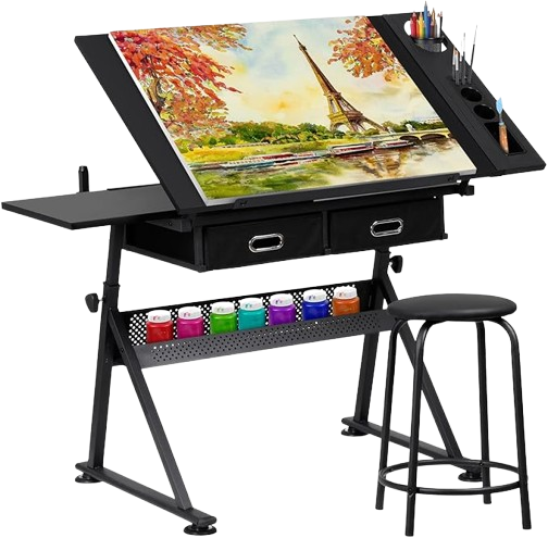 Drafting Drawing Table Art Craft Desk w/ Extra Slide Desktop for Writing Reading