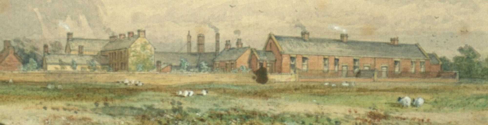Watercolour painting of a long low institutional building with tall chimneys, seen across open fields with grazing sheep