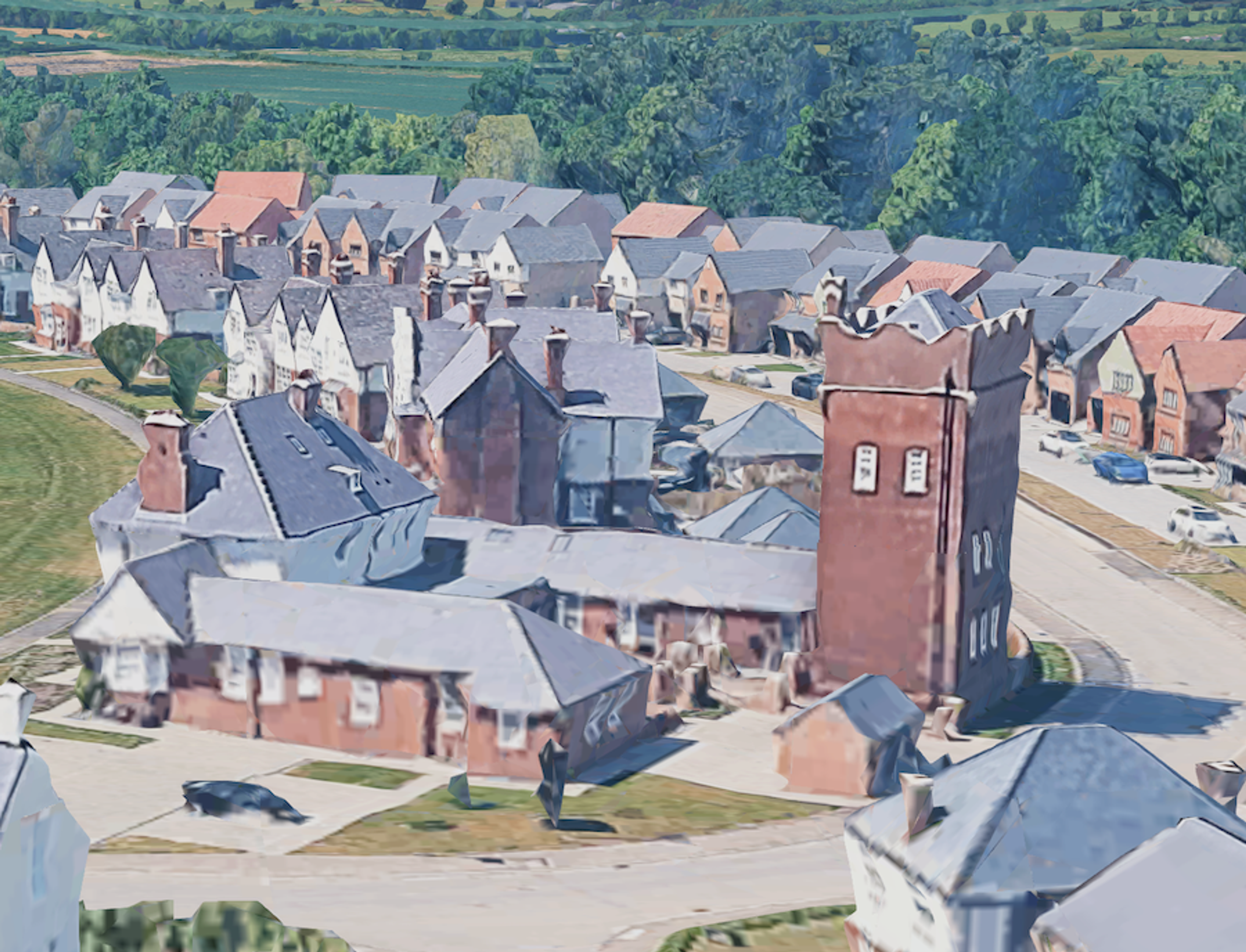 Aerial view of a red brick tower with a castellated top rising above the roofs of a housing development