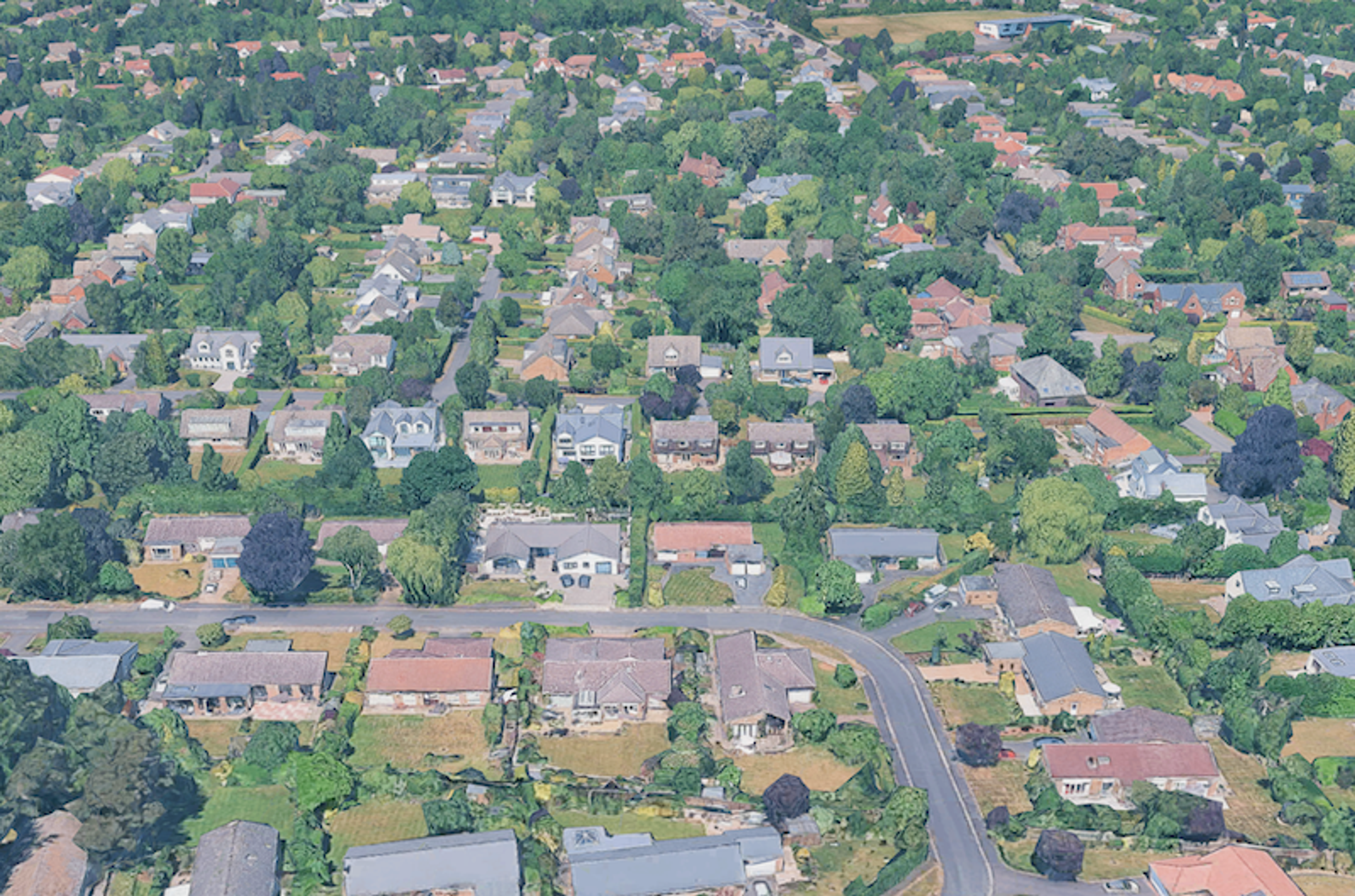 Aerial view of a leafy estate of detached houses with large gardens, densely planted with mature trees