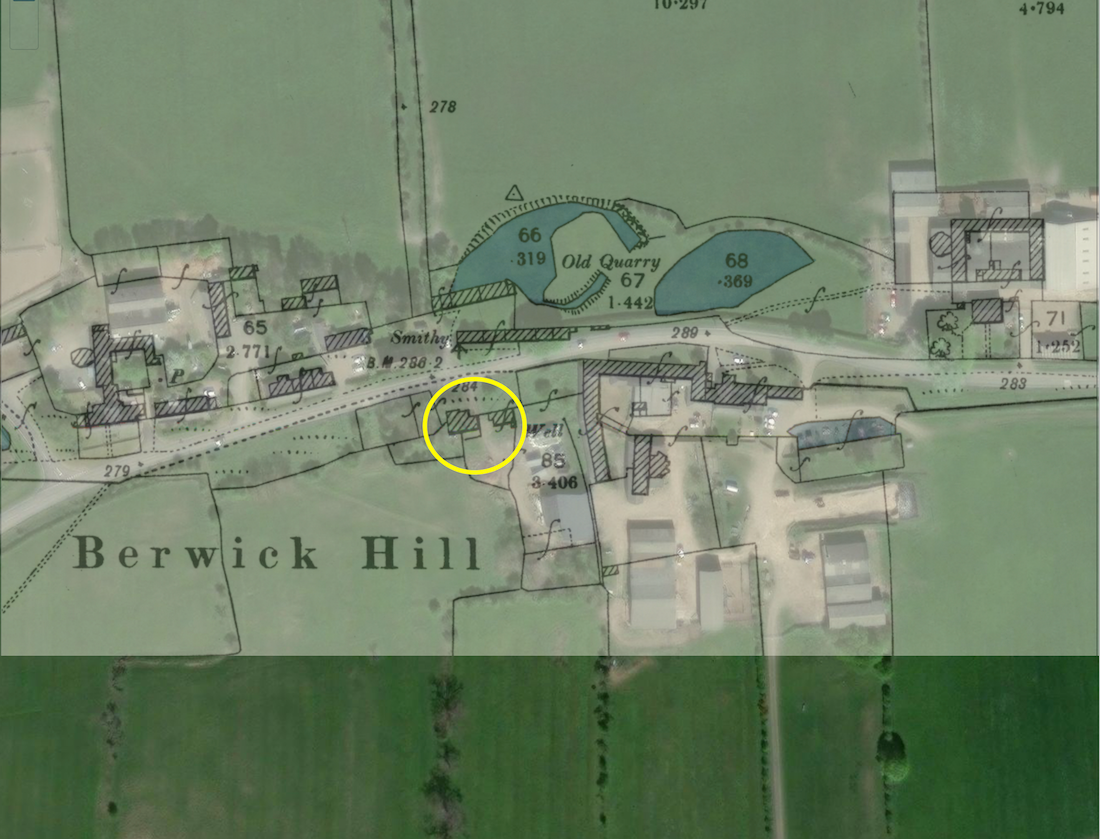 Aerial photograph overlaid with old map lines at Berwick Hill, a yellow circle marking a building site beside the road, with an old quarry marked nearby