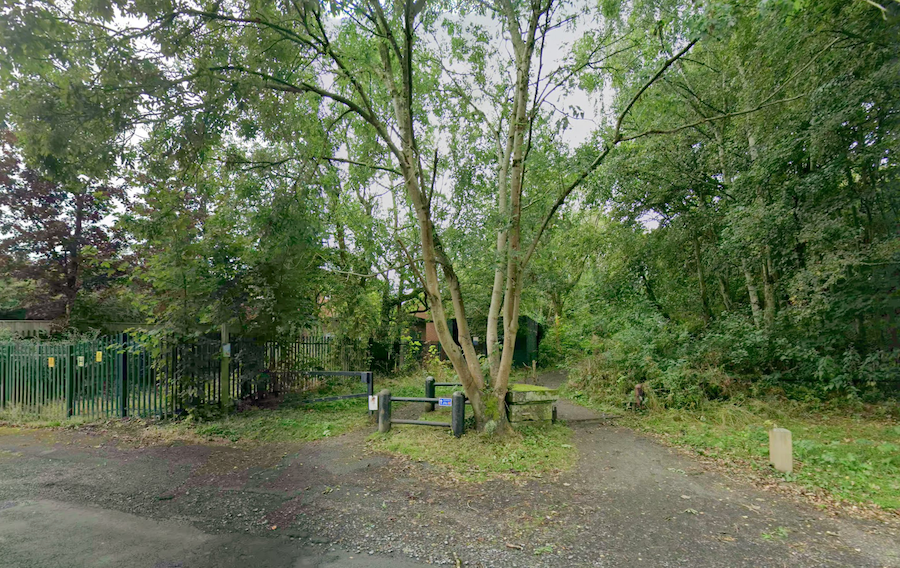 A gravel path curving away between mature trees, with green metal railings and a wooden bench, on the course of a former railway line