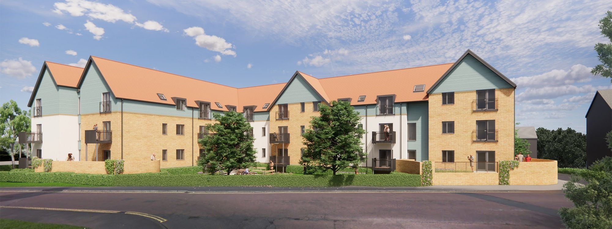 Architect's visualisation of a modern three-storey apartment block with orange pantiled roofs and balconies, seen across a lawn