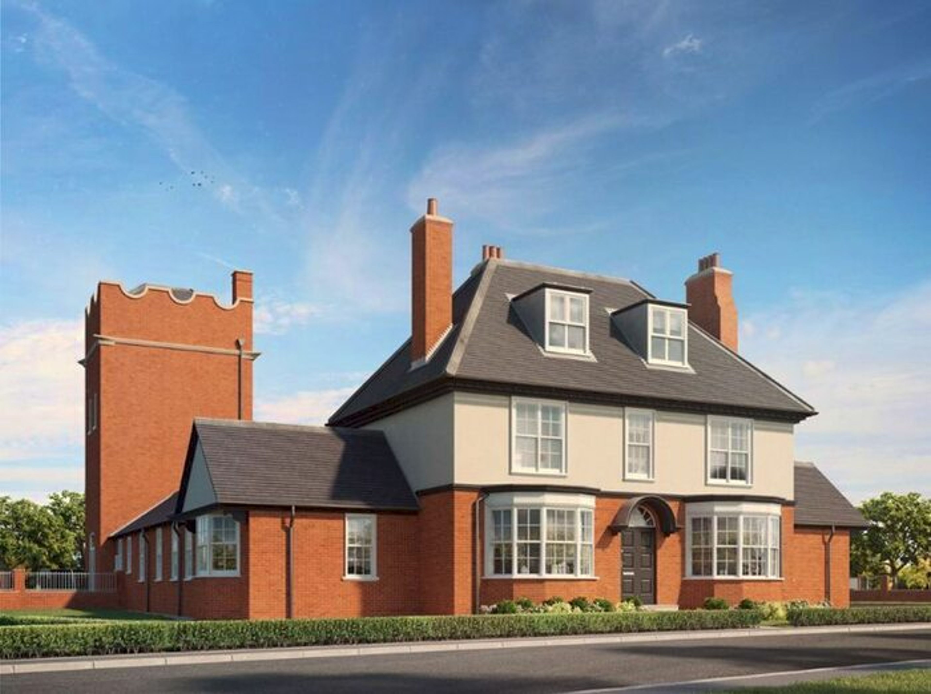 Architect's visualisation of a large red brick and rendered house with dormer windows, a brick tower behind it