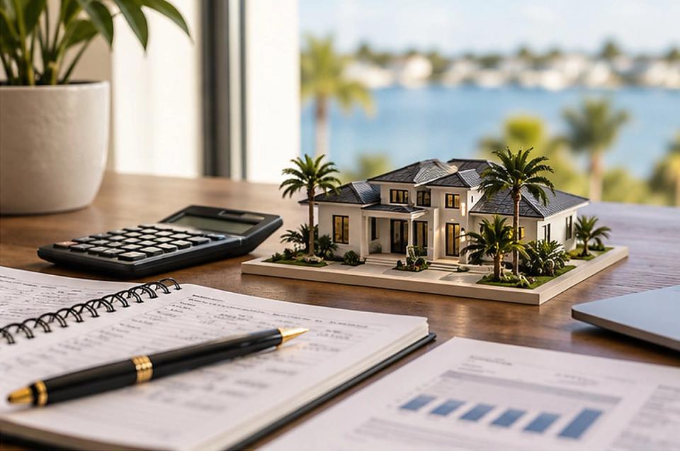 Calculator and home model beside financial planning notes