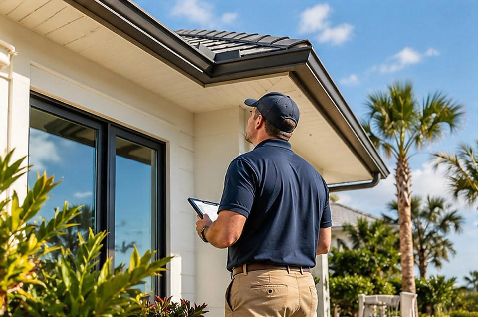 Inspector checking the roof and exterior of a Florida home