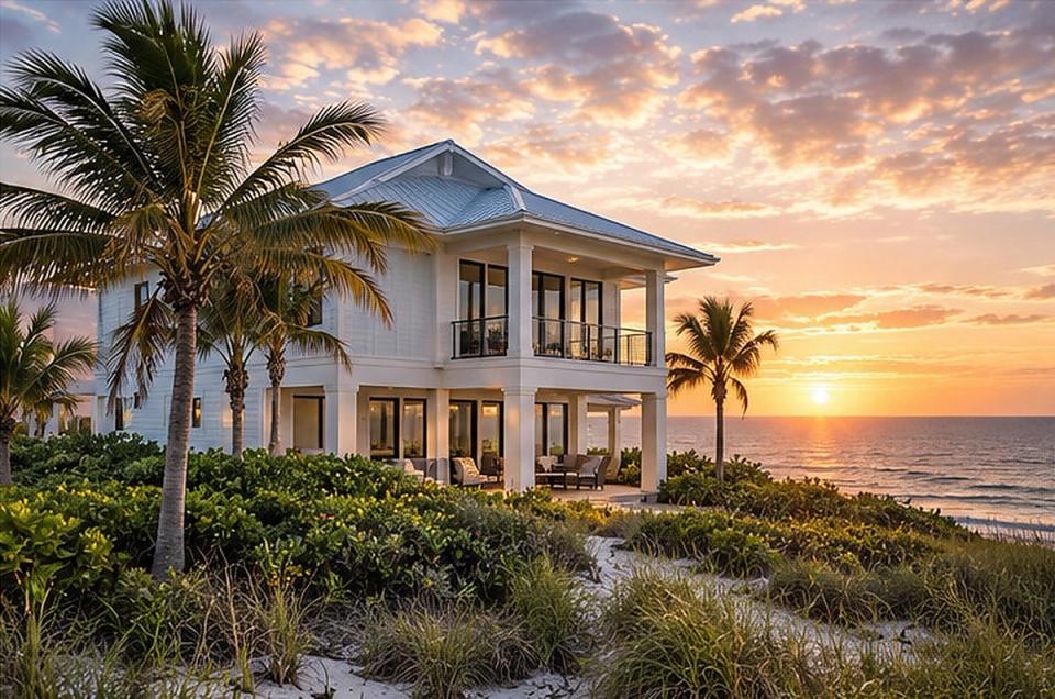 Elevated modern coastal Florida home near ocean and palm trees
