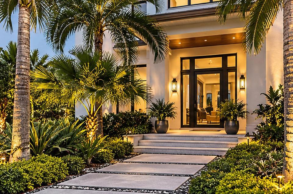 Tropical entry of a Florida-style home, warmly lit at dusk