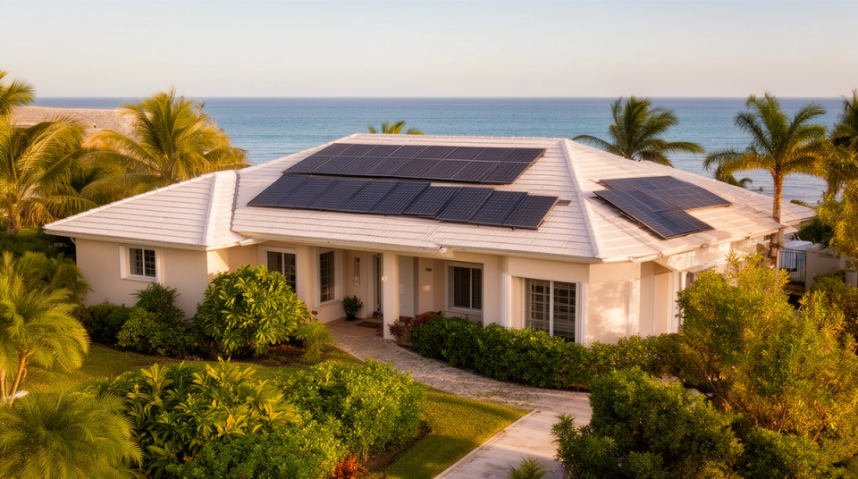 Florida home exterior with rooftop solar panels