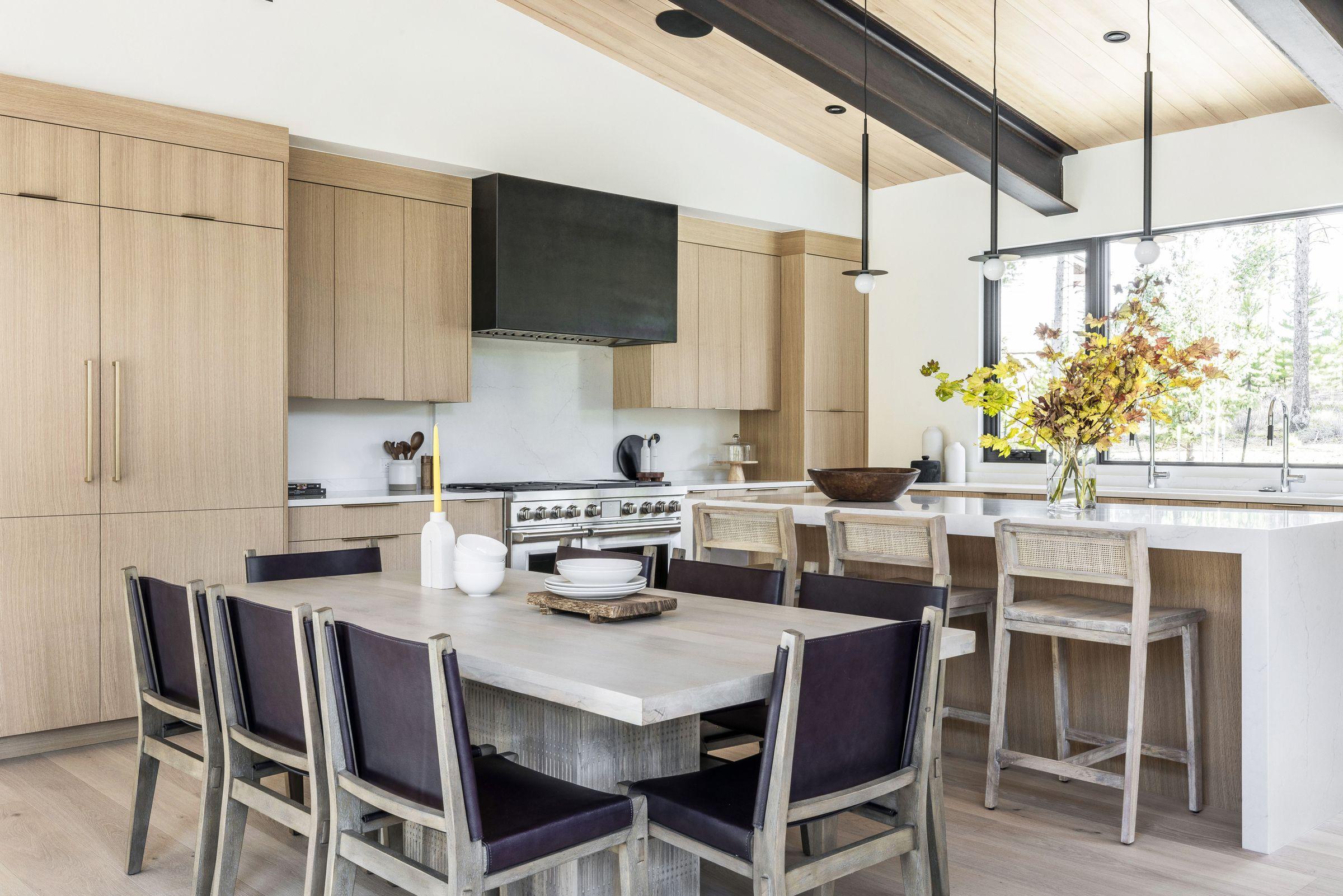 Open kitchen and dining in white and oak, Windflower residence