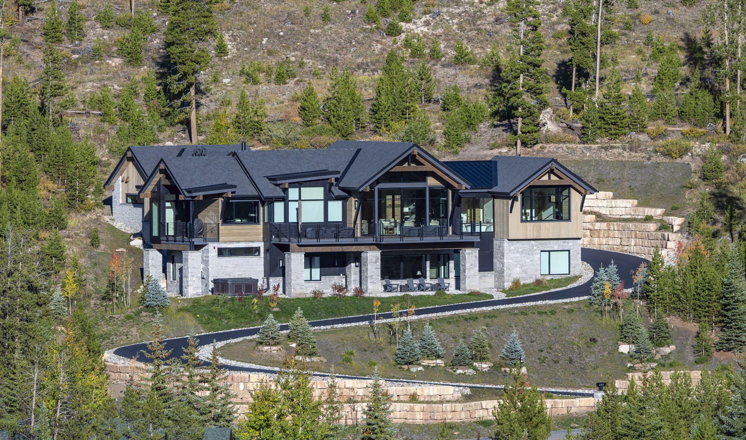 Aerial view of the house and terrace against the treeline