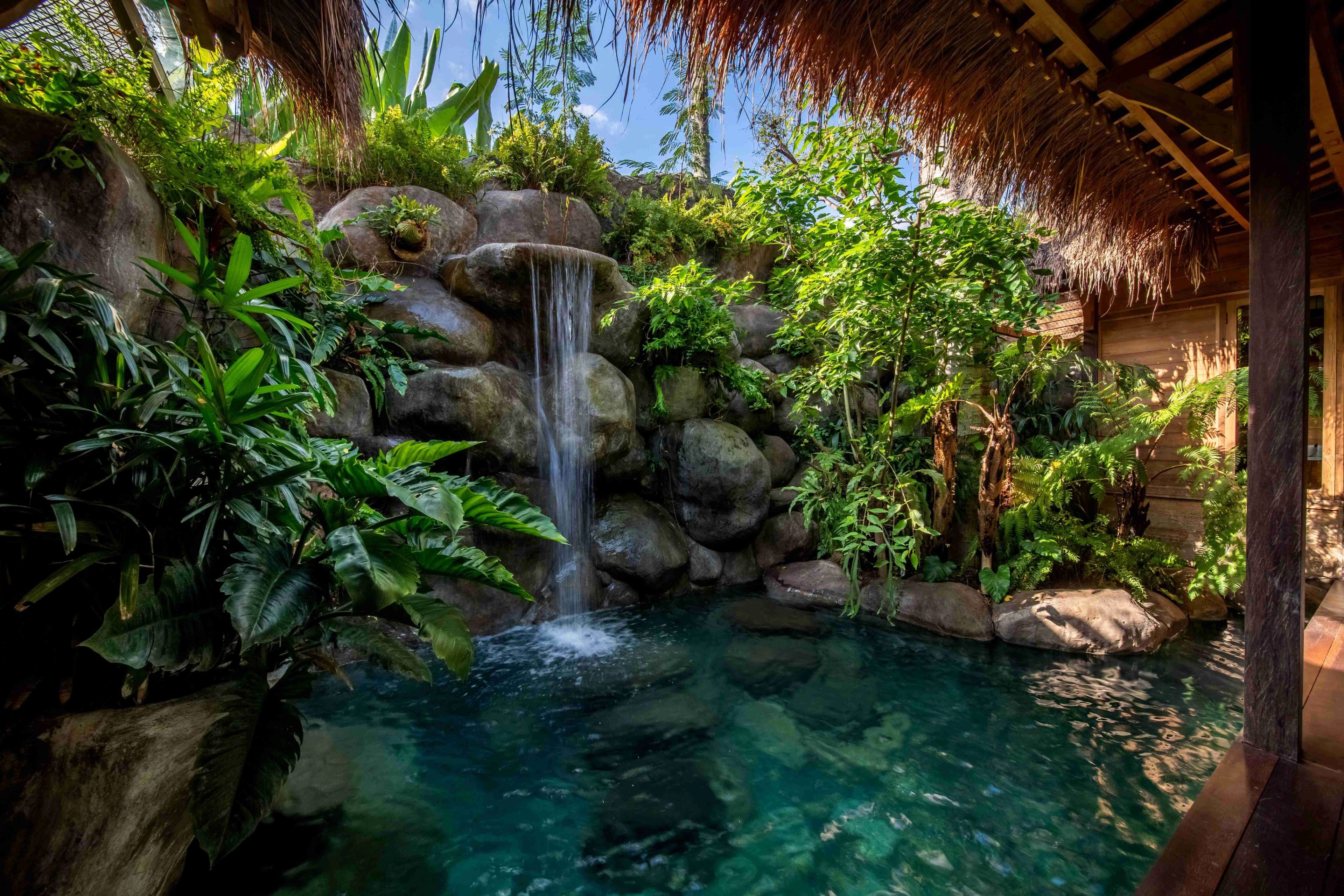 Water falling over mossy boulders into the villa's pool, ferns and palms crowding the edge.