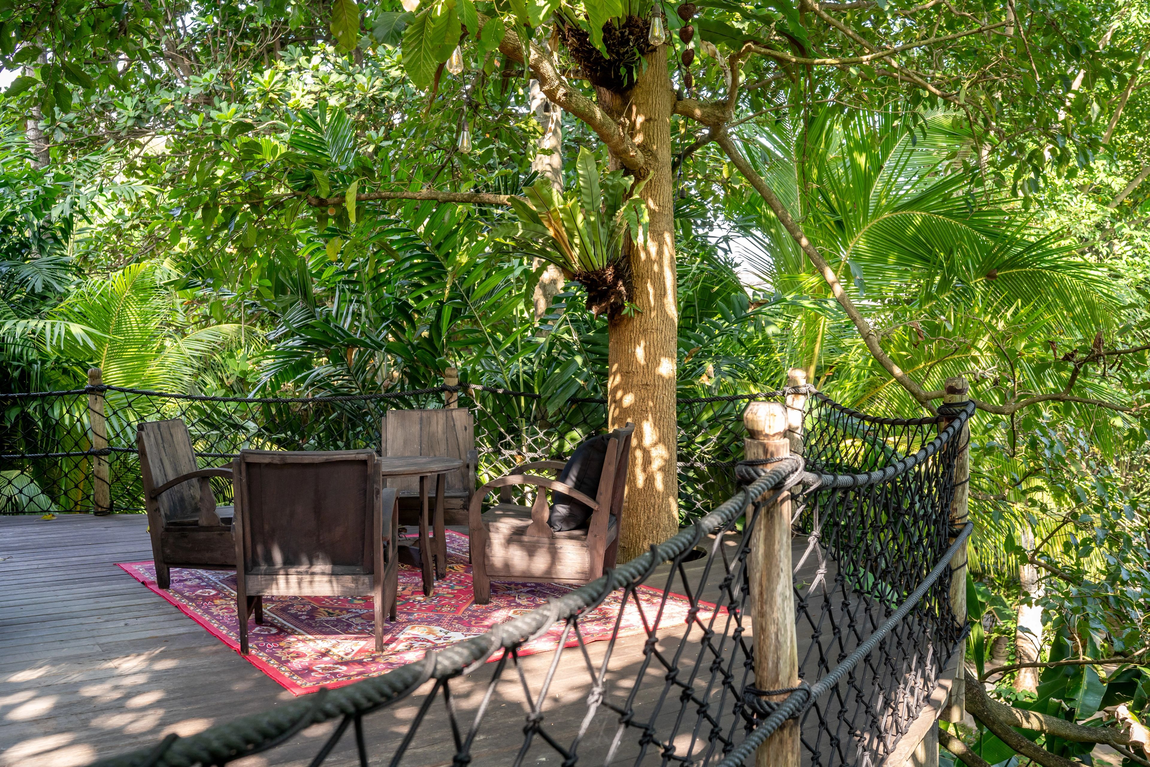Timber lounge chairs on a patterned rug at the deck's edge, the rope bridge running off to one side.