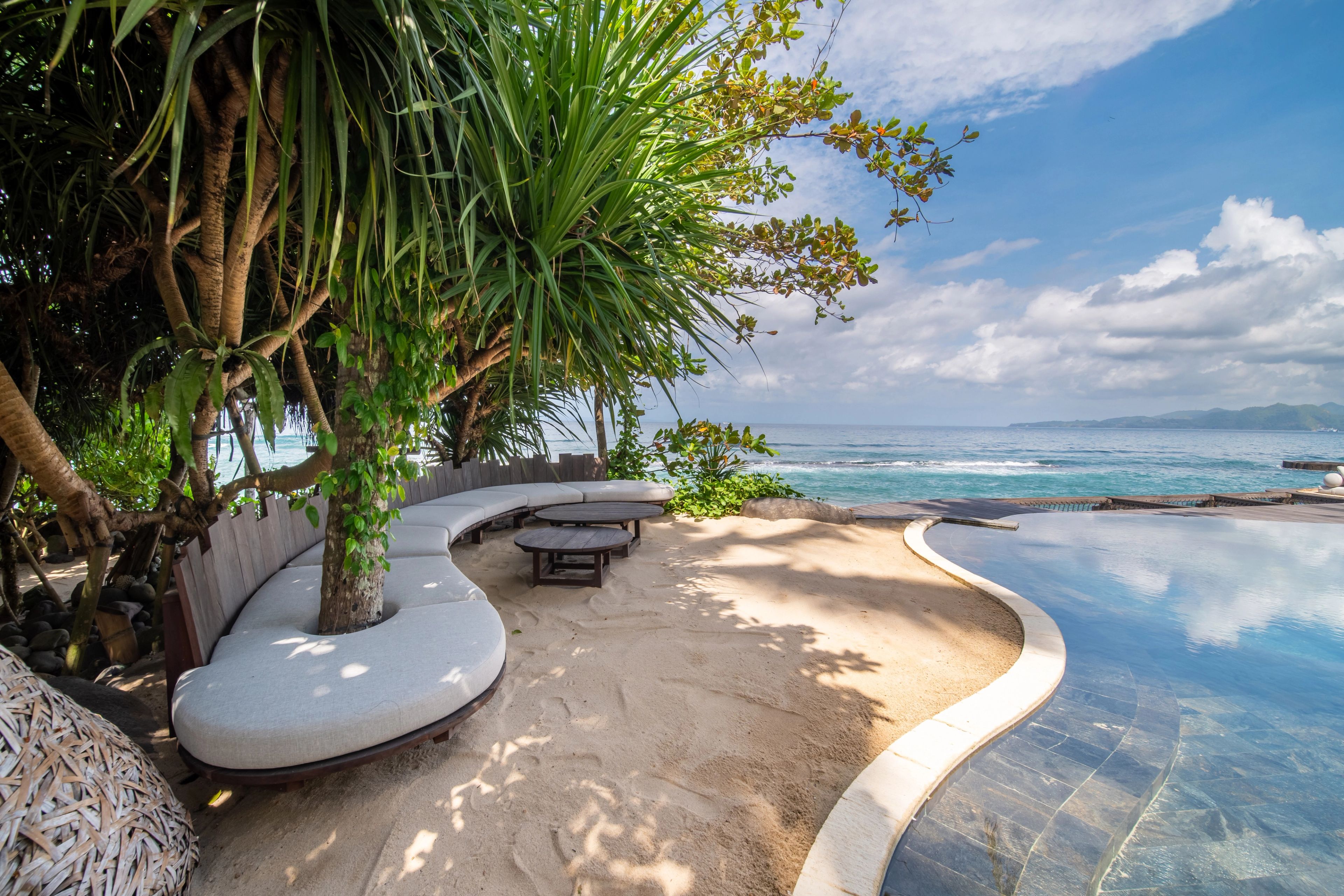 A built-in curved sofa wrapped around a pandanus on the sand at the pool's edge.