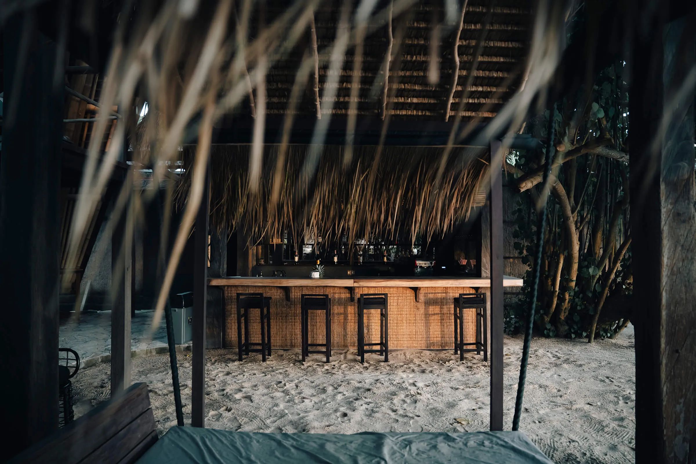 Stools along the thatched beach bar seen through fronds, bottles ranged along the counter.