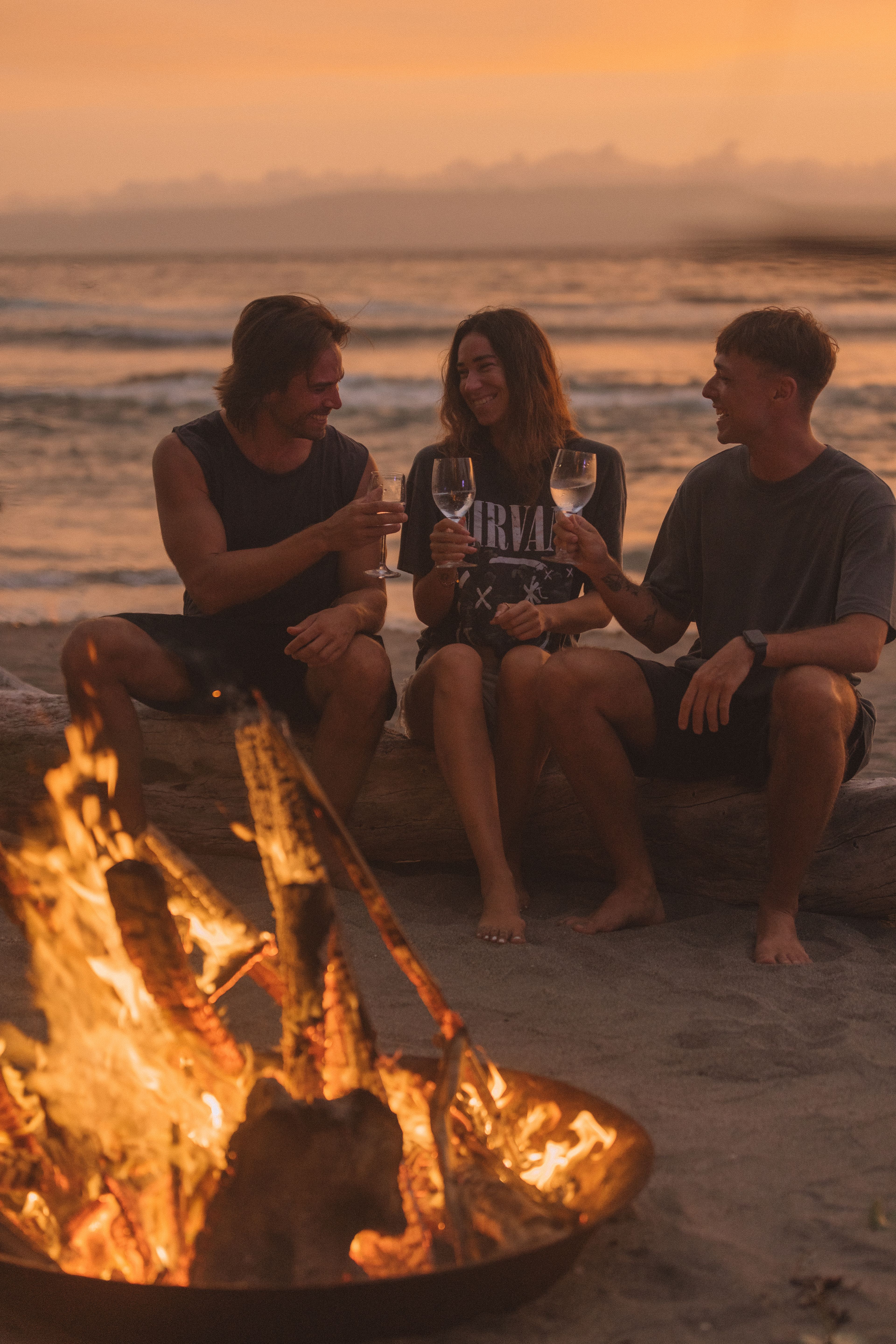 Friends touching wine glasses together beside a beach fire at dusk.