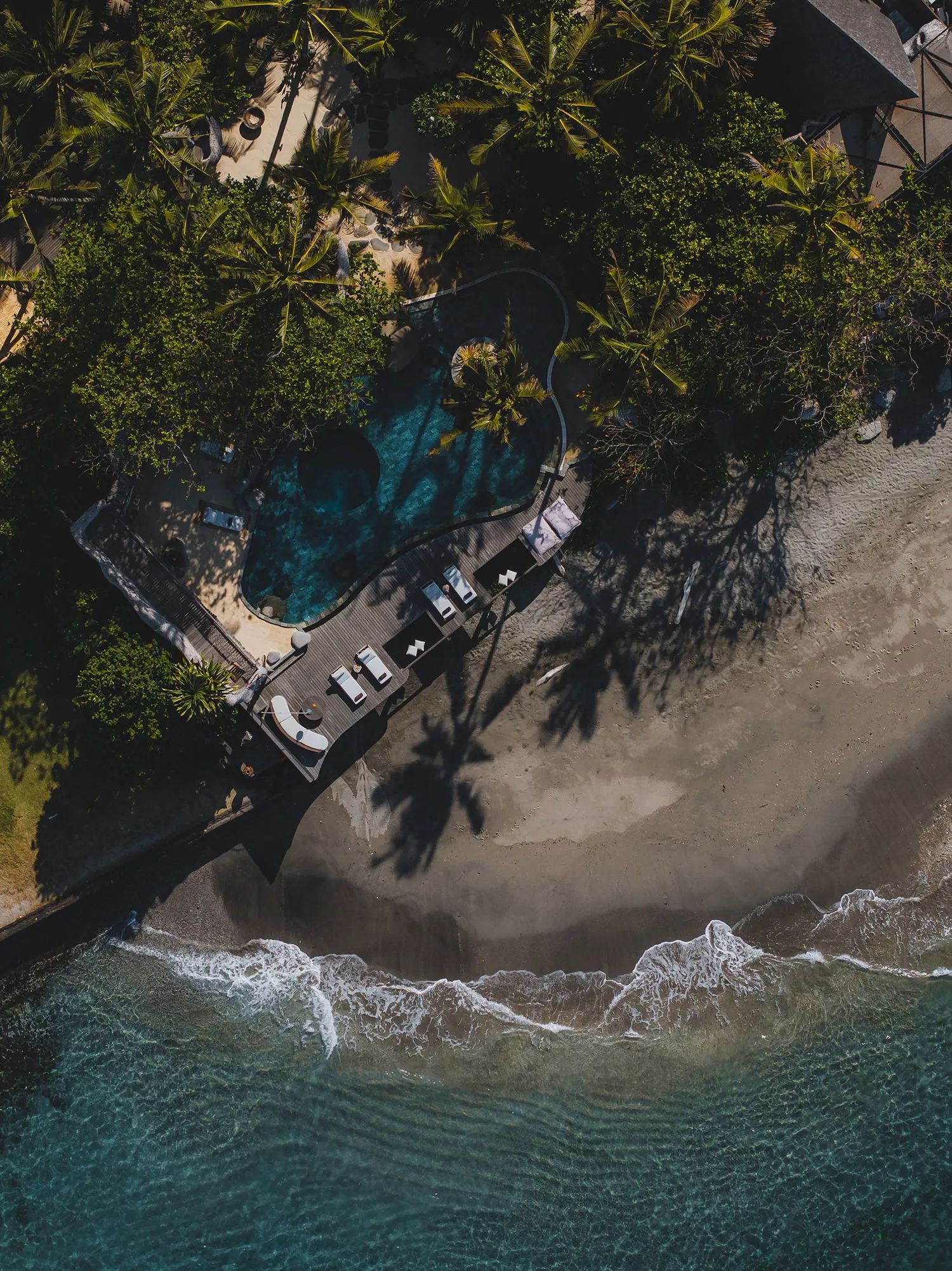 An overhead view of the pool and deck set into the trees along the shoreline.