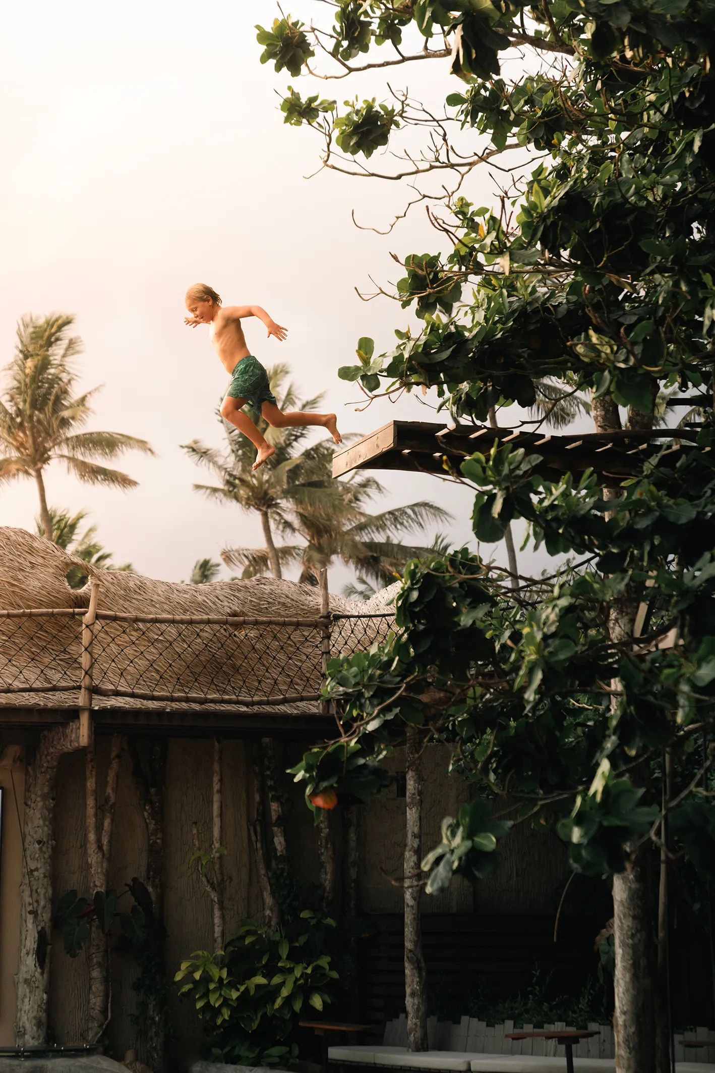 A timber diving platform built out over the water among the trees.