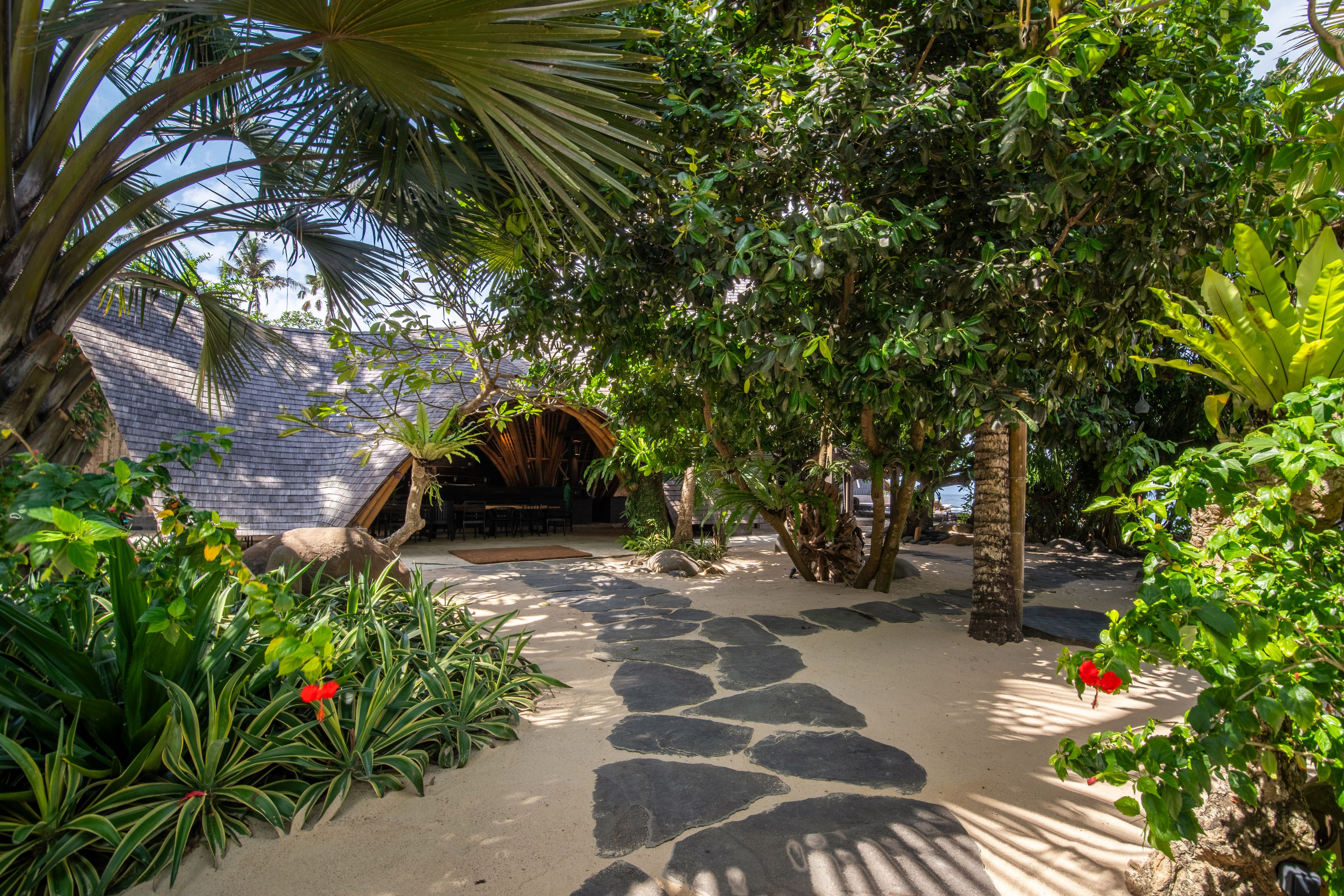 A stone path across the sand through planting, leading to the restaurant.