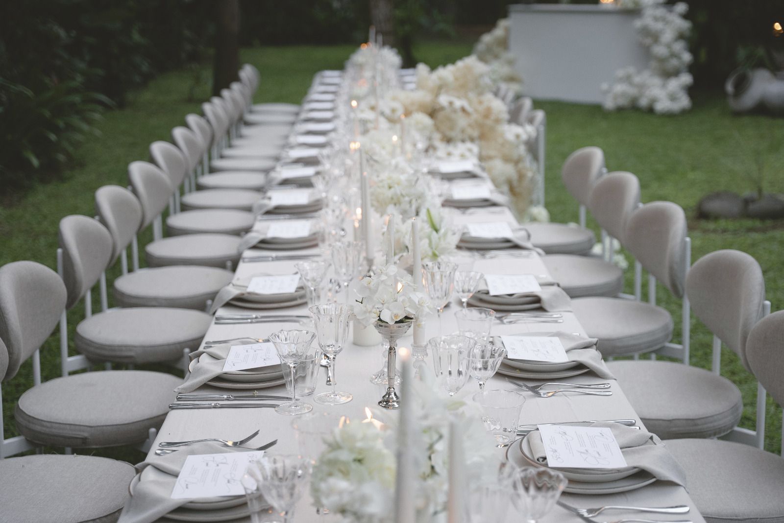 A long table laid with glassware, place cards and white blooms, pale chairs down both sides on the grass.