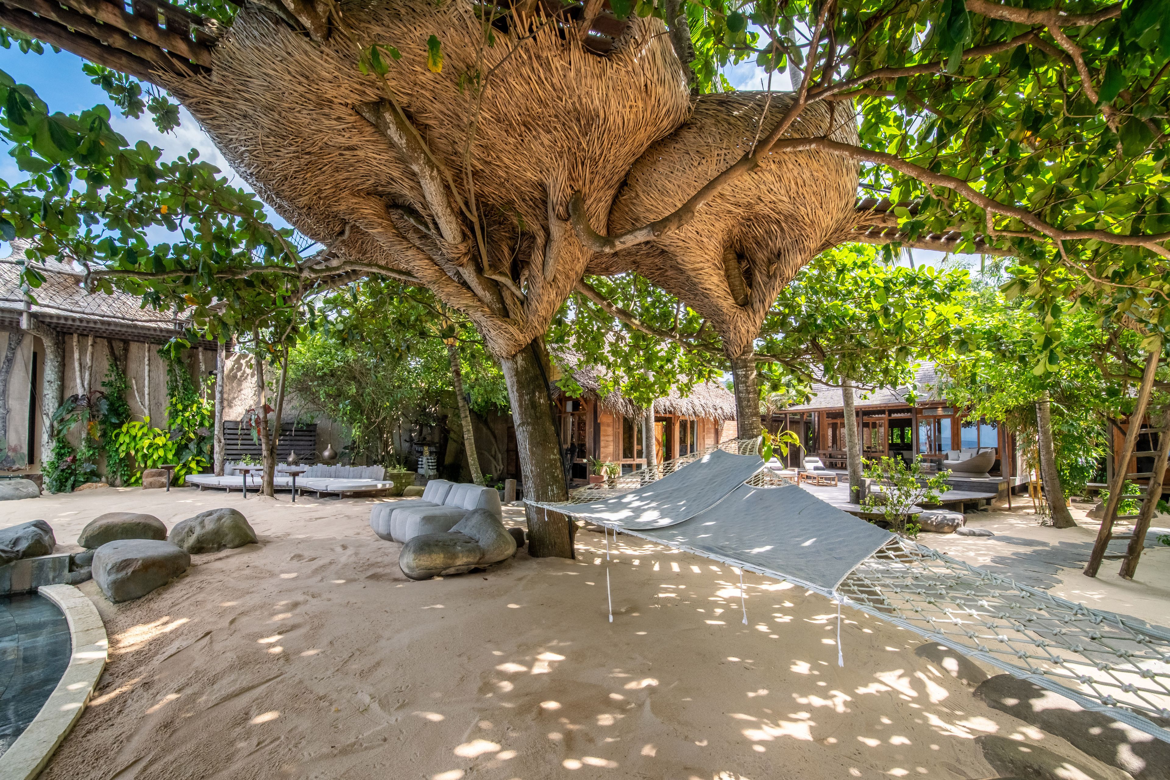 Woven nest pods built into a tree above the sand, a hammock slung beneath them.